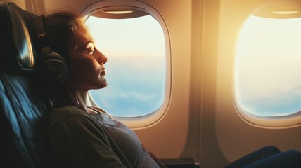 Woman enjoying music on a plane at sunset - obrazy, fototapety, plakaty