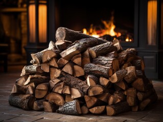An inviting scene featuring neatly stacked chopped firewood, ready for winter heating. The rustic...