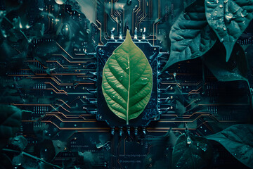 green leaf on circuit board background. ecology concept - obrazy, fototapety, plakaty