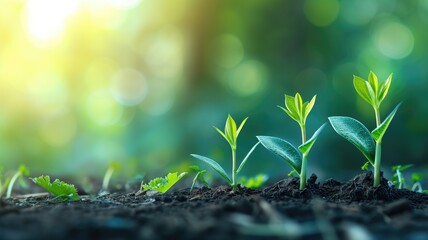 Seedlings in soil with bright sunlight