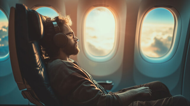Man relaxed and listening to music on a plane