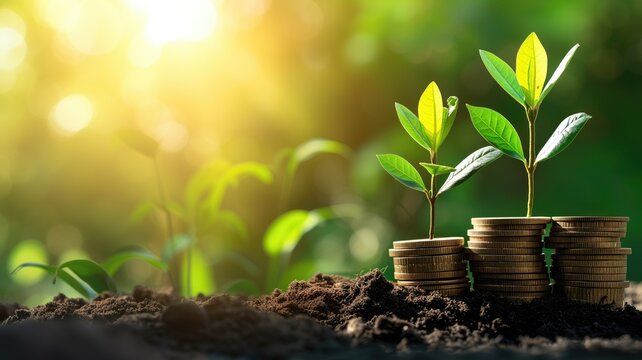 Plants on coins in increasing heights symbolizing growth