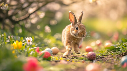 A rabbit hopping along a path lined with Easter eggs and spring blossoms, Easter, blurred background, with copy space