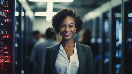 A woman working in a server room. 