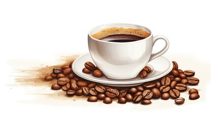 A hot coffee cup and beans ready to roasted on a white background. AI generated image