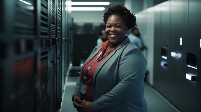 A woman working in a server room. 