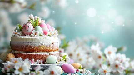 A festive Easter scene with a buttercream cake and eggs hidden in floral decorations, Easter, blurred background, with copy space - obrazy, fototapety, plakaty