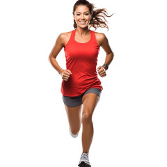 Woman Running in Red Shirt and Grey Shorts