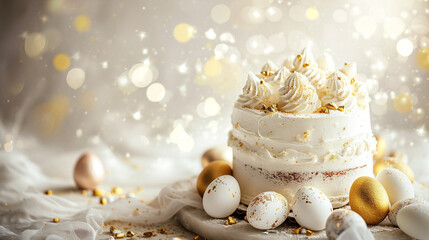 Fototapeta na wymiar A simple yet elegant Easter cake surrounded by white and gold-painted eggs, Easter, blurred background, with copy space