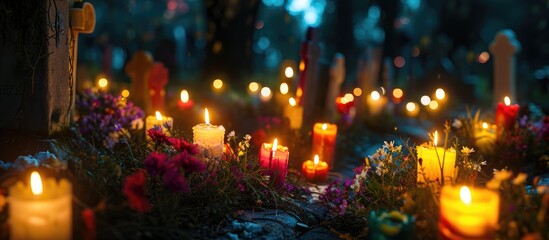 Vibrant candles adorn the graveyard on All Saints' Night.
