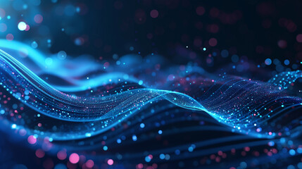 Futuristic high energy background with a flow sparkling wavy lines and patterns transitioning from light to dark blue - obrazy, fototapety, plakaty