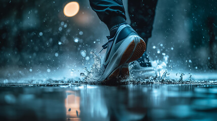 Man recrationist training jogging on rainy morning. AI - 710164251