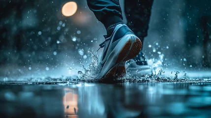 Zelfklevend Fotobehang Man recrationist training jogging on rainy morning. AI © Budimir Jevtic