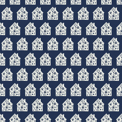 Hand drawn funny doodle cartoon stylized houses flowers Decorative silhouette house seamless pattern