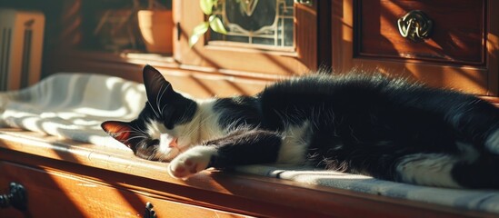Black and white cat resting on dresser in sunny bedroom. - obrazy, fototapety, plakaty
