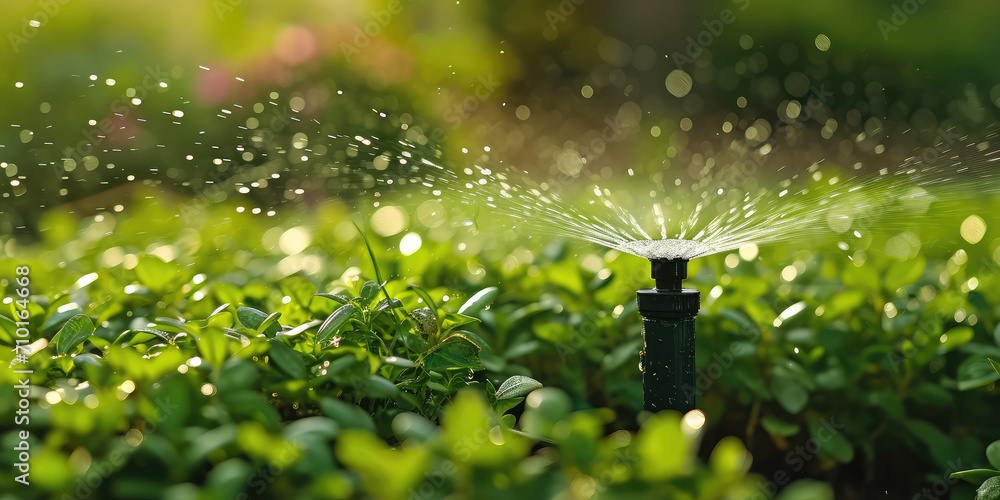 Wall mural automatic sprinkler watering green plants. close-up of a garden sprinkler system in action, watering