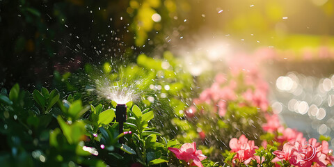 Automatic Sprinkler Watering Green Plants. Close-up of a garden sprinkler system in action, watering vibrant green shrubbery with a fine mist. - obrazy, fototapety, plakaty