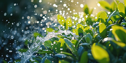Single Automatic Sprinkler Watering Green Plants. Close-up of a garden sprinkler system in action, watering vibrant green shrubbery with a fine mist. - obrazy, fototapety, plakaty