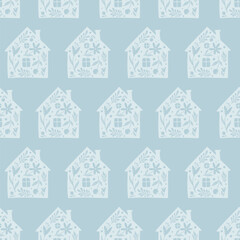 Hand drawn funny doodle cartoon stylized houses flowers Decorative silhouette house seamless pattern