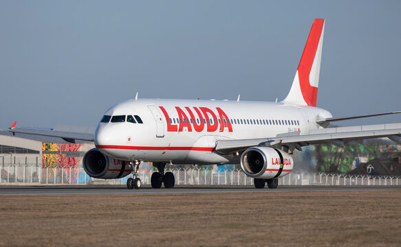 PRAGUE - December 27, 2023: Lauda Europe Airbus A320-232 REG:9H-LOP at Vaclav Havel Airport Prague. From London to Prague.Lauda Europe Limited is a Maltese low-cost airline.