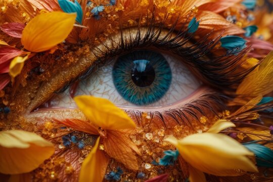 A picture close to the eye of a girl decorated with golden color
