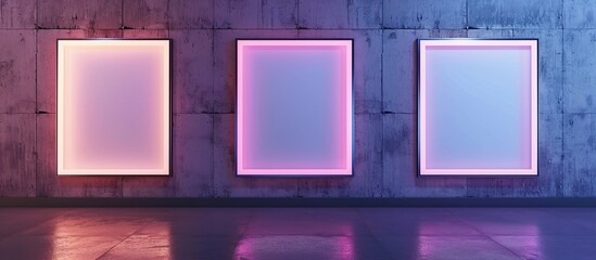 A white contemporary gallery decorated with LED lights is framed, against a textured concrete wall
