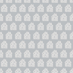 Hand drawn funny doodle cartoon stylized houses flowers Decorative silhouette house seamless pattern