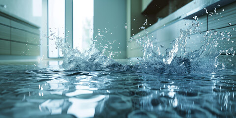 Indoor Flood with Water Splash in kitchen. Water spilling onto a flooded home floor from the ceiling, creating a dynamic splash, symbolizing property damage. - obrazy, fototapety, plakaty