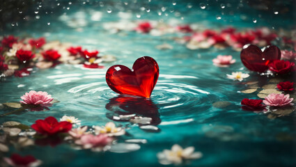 A red heart floats on the water with spring flowers