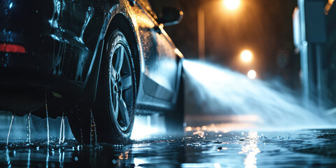 Sudsy black Car Wash. Close-up of a car covered in soap suds during a wash with street in the background. - obrazy, fototapety, plakaty