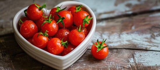 Heart-shaped bowl containing ripe, red cherry tomatoes.