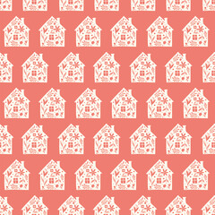 Hand drawn funny doodle cartoon stylized houses flowers Decorative silhouette house seamless pattern