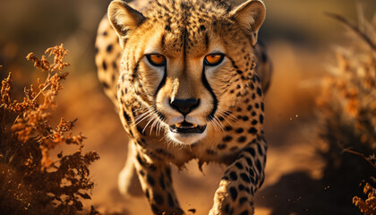 Majestic cheetah walking in African wilderness, staring generated by AI