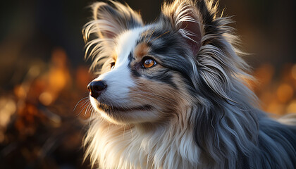 Naklejka premium Cute puppy sitting outdoors, looking at camera generated by AI