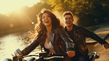 Happy young couple of bikers riding black motorcycle at outdoor view background. AI generated
