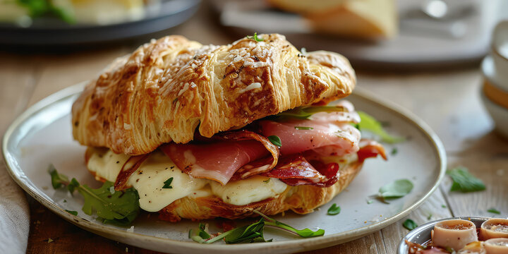 Toasted Croissant Sandwich with Salami and Mozzarella in a plate. Gourmet croissant sandwich with salami, mozzarella cheese, and fresh arugula on a rustic wooden board.