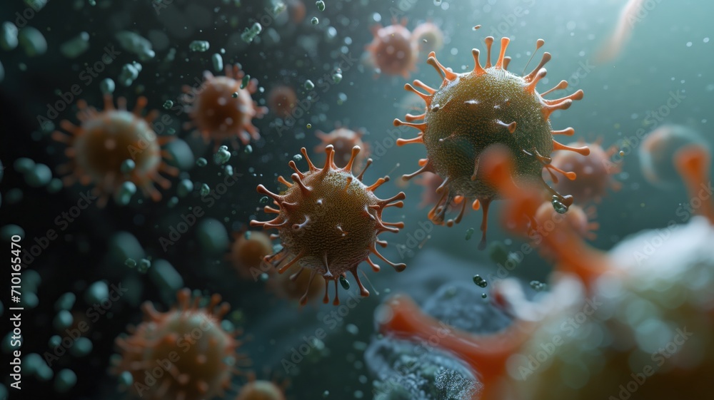 Poster 3d rendering of viruses in a dark environment