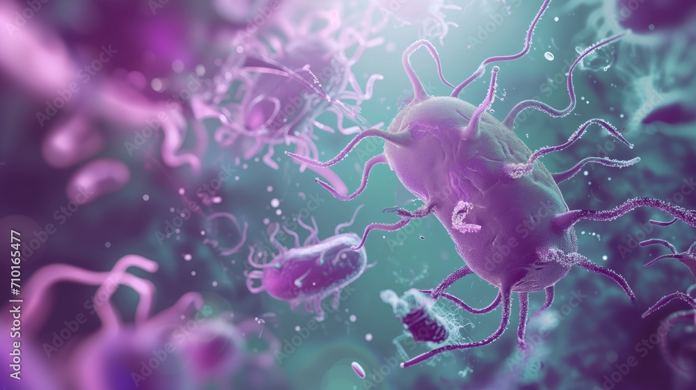 Poster microscopic view of a bacteriophage attacking a bacterium