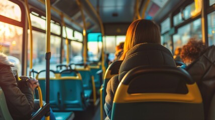 Rear view of a person sitting on a bus during sunset - obrazy, fototapety, plakaty