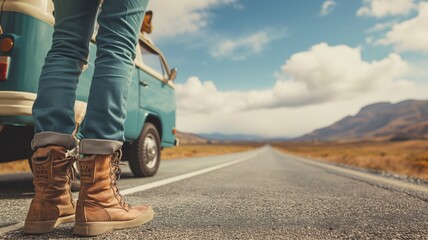 Traveler's legs beside a vintage car on a road