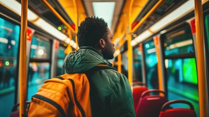 Man looking out the window on a city bus - obrazy, fototapety, plakaty