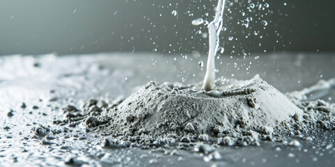 Water Mixing with Cement Powder. A close-up shot of water splashing onto dry cement powder, depicting the initial stage of mixing construction material.