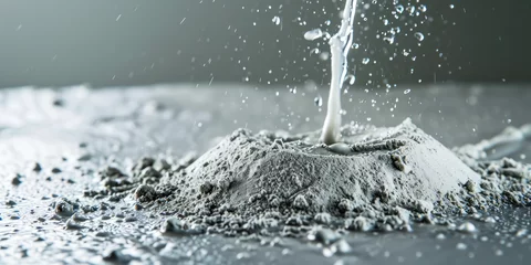 Poster Water Mixing with Cement Powder. A close-up shot of water splashing onto dry cement powder, depicting the initial stage of mixing construction material. © dinastya