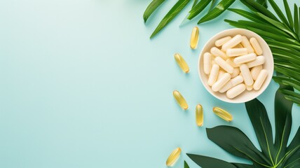 Capsules and green leaves on a pale blue background - obrazy, fototapety, plakaty