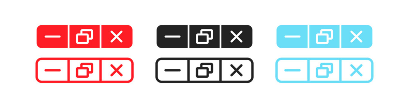 Set of navigation buttons. Flat, color, set of minimize, expand, close button icons, navigation button icons. Vector icons