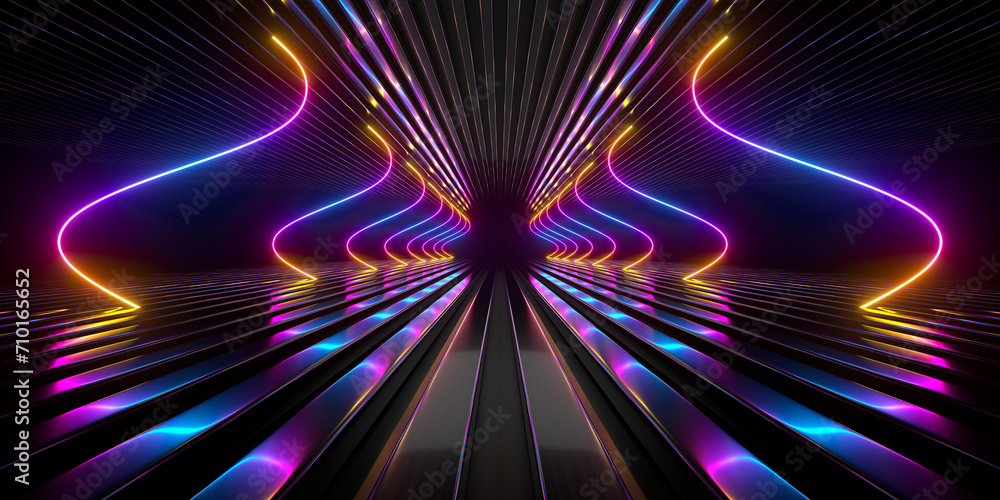 Poster Sci Fi neon glowing lines in a dark tunnel. Reflections on the floor and ceiling. Empty background in the center. 3d rendering image. Abstract glowing lines. Technology futuristic background.