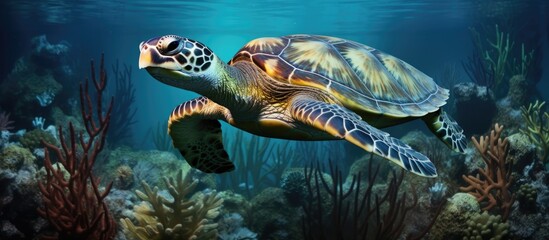 Obraz premium Sea turtle resting on aquatic plant