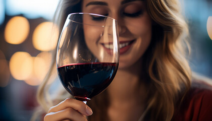 Young woman enjoying a glass of red wine generated by AI