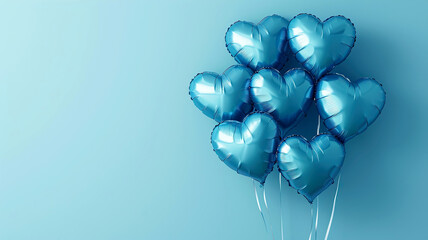 Blue heart-shaped balloons on a blue background. Foil balloons - love concept. Balloons. Seven blue foil balloons in the shape of a heart on a blue background. Symbol of love. Festive celebration.  - obrazy, fototapety, plakaty