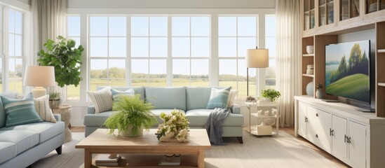 Contemporary farmhouse-style living room featuring spacious windows and cabinets in shades of blue and green.